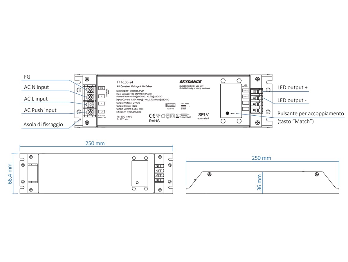Trasformatore Alimentatore Dimmerabile 12V 150W con Pulsante N.O. Push Dimmer – Compatibile con Telecomando RF 2.4G (non incluso), Per Striscia LED 150V, Skydance PB-150-12