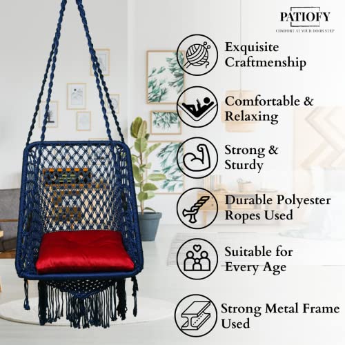 Image of Patiofy Swing for Balcony /Jhula for Adults /Swing for Adults for Home /Premium Square Hanging Swing /Includes Hanging Kit & 20 * 20 Inches Sitting Red Cushion (Navy Blue)