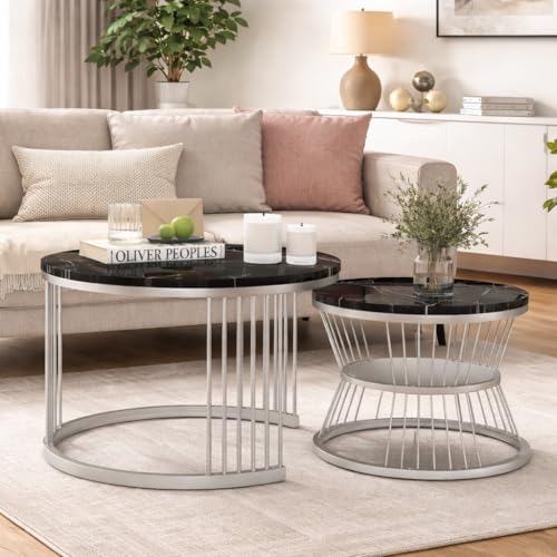 Image of Brown Art SHOPPEE Round Coffee Table Home Decor Furniture Coffee Table Sets,2 Piece MDF Top,Stacking Nesting Table with Iron Frame for Living Room Living Room or Lounge (Silver Black)