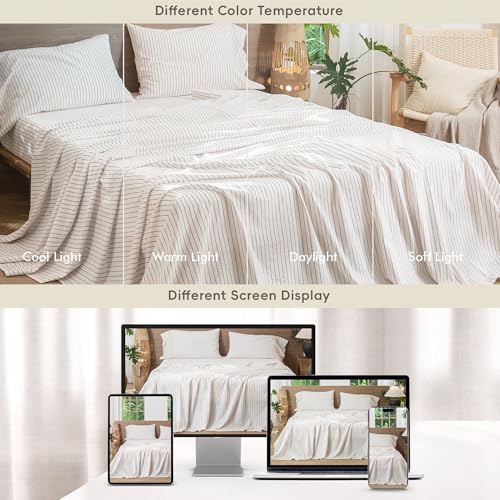 Image of MooMee Striped Sheet Set 100% Washed Cotton Linen Like Cal King