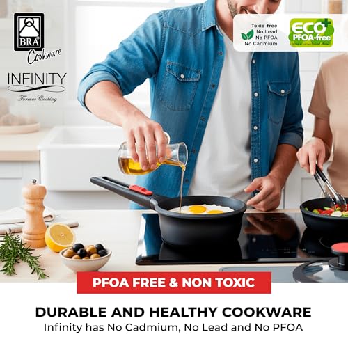 Image of BRA COOKWARE Infinity Nonstick Saucepan with Glass Lid | 6.3 Inch 1.2 Quart Deep Pot | PFAS Free Soup Pot | Deep Pan Ideal for Boiling or Warming on All Cooktops incl. Induction | Removable Handle