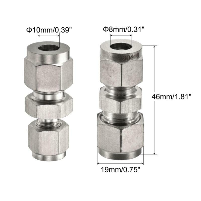 Tool parts Compression Tube Fitting 8mm x 10mm OD Tube Double Ferrule Coupling Connector