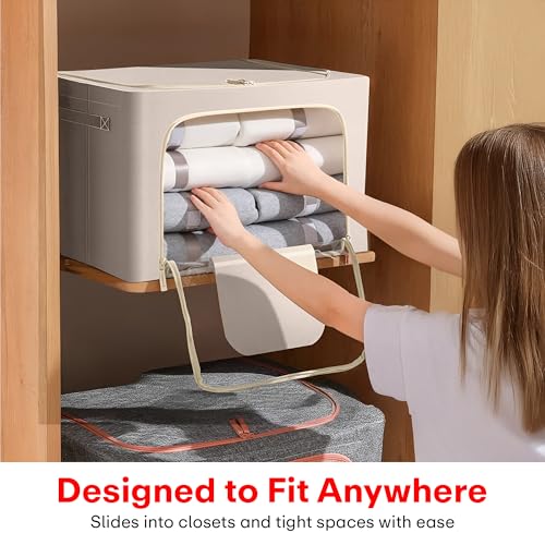 Image of Prime Pick Zip Guard Storage Box Foldable Clothes Organizer Double Zipper Lid Reinforced Handles Breathable Washable Fabric Wardrobe Closet Cupboard Space Saving Storage Bin Beige Pack of 1