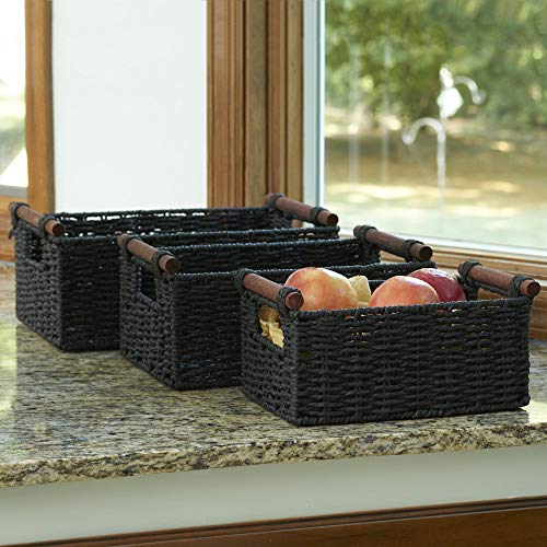 Household Essentials Ml-7052 Paper Rope Wicker Storage Baskets With Wood Handles |Set Of 3 | Black Stain #TOP3