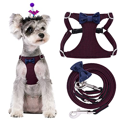 Puppytie No Pull Small Dog Harness with Multifunction Dog Leash,Lightweight Soft Adjustable No Choke Escape Proof Pet Harness Vest Pet Harness Vest,Plaid deep red,S