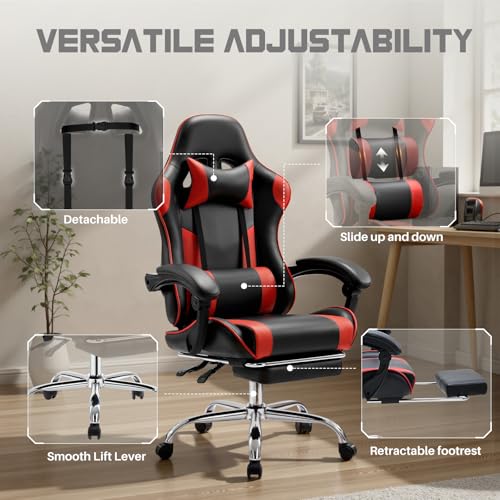 Image of DUMOS Ergonomic Gaming Office Desk Chair with Footrest and Headrest for Adults, PU Leather Video Computer Chair with Linkage Armrests, Height Adjustable 360 Swivel Recling, Black Red