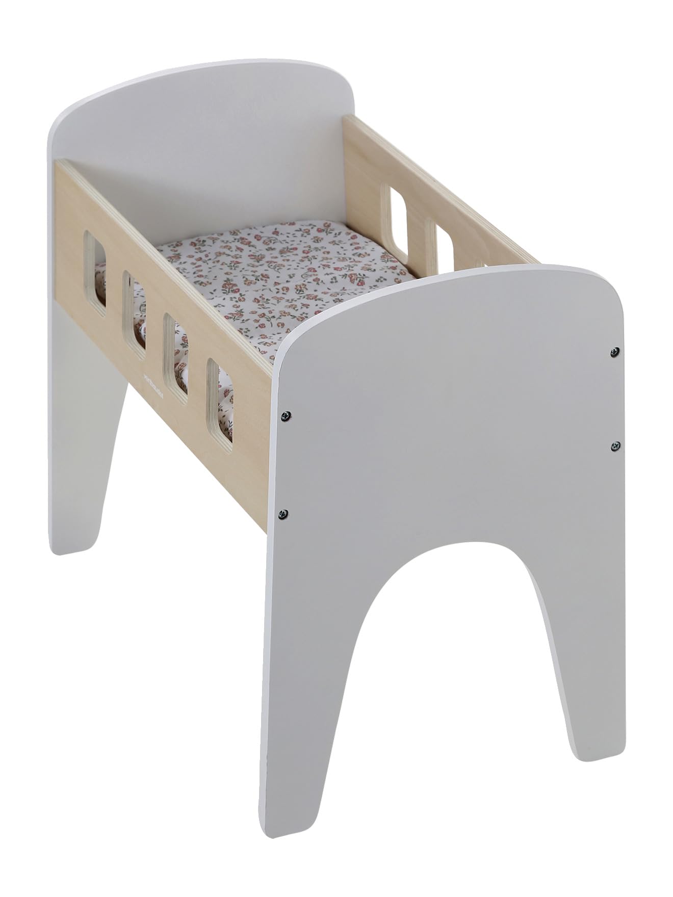 VERTBAUDET Lit Poupon en Bois FSC® Blanc Bicolore avec Matelas Imprimé Fleuri