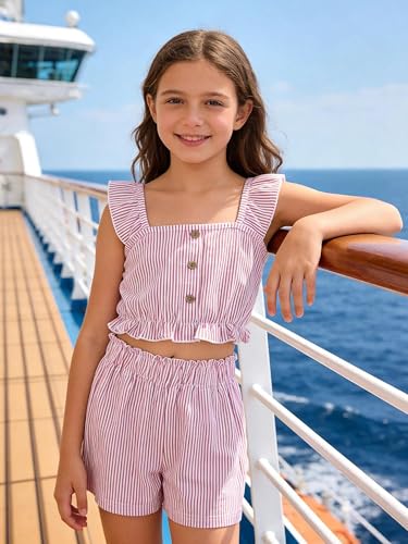 Image of Girl's Summer Clothing Sets Knit Ruffle Striped T-Shirt and Shorts 2 Piece Outfits