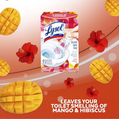 Lysol Click Gel Automatic Toilet Bowl Cleaner, Toilet Gel Stamp, Toilet Freshener, Bathroom Essentials, Refreshing Mango & Hibiscus Scent, 6 Count (Pack of 1)