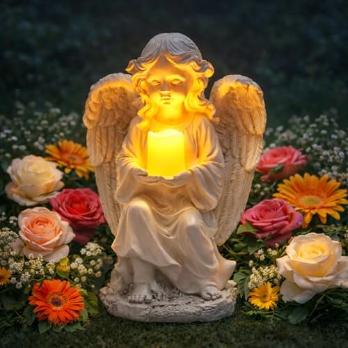 TIALLY Solar Angel Garden Statue with Glowing Candle Large Angel Figurines with Soft Glow Weatherproof Outdoor Statues for Memorial Decor Yard Lawn or Cemetery Use Angels Gifts for Women
