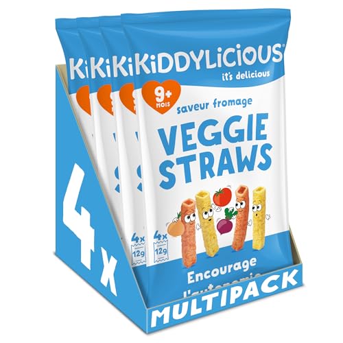 Kiddylicious Veggie Straws Saveur Fromage | Dès 9 mois | Sans Gluten | 4 Packs de 48g (4 Sachets de 12g) | 192g
