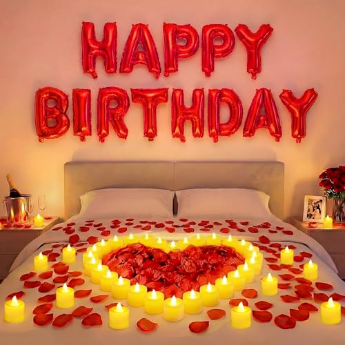 Image of Red Happy Birthday Balloons Decorations Happy Birthday Letter Balloons Banner Set with 24pcs Round Flameless LED Candles and 2000pcs Artificial Rose Petals for Women Men Room Party Decor