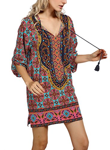Image of Women Bohemian Neck Tie Vintage Printed Ethnic Style Summer Shift Dress