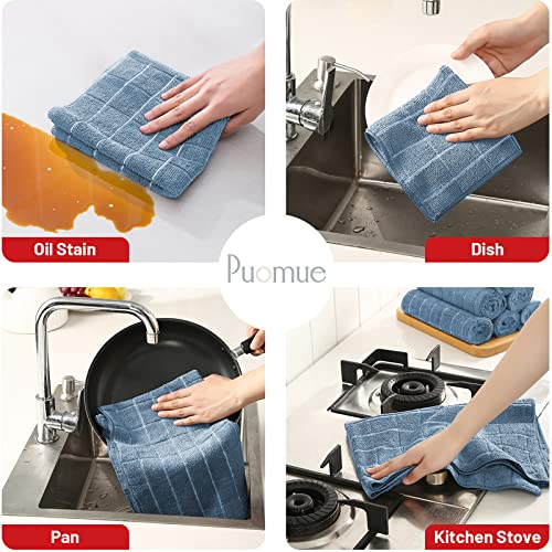 Puomue Microfiber Kitchen Towels And Dishcloths Set, 26 X 18 Inch And 12 X 12 Inch, Set Of 12 Bulk Lint Free Dish Towels For Drying Dishes, Blue #TOP2