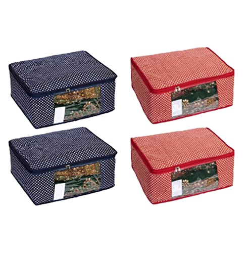 Image of Saree Organizer Wardrobe|Suit Cover Bag|Cotton Saree Cover Closet Orgnizer /Saree Bags for Wardrobe Orgnizer Clothe Covers |Lehenga Bag|Lehenga Cover (Pack of 4, Blue + Red)