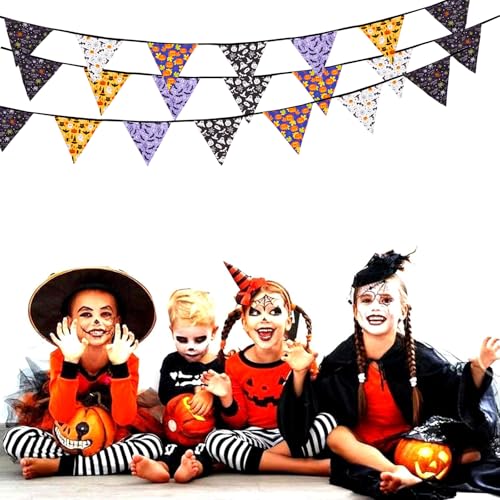 Image of Zwiebeco 32Ft Black Orange Purple Halloween Pennant Banner Triangle Flags Fabric Bunting Garland Cotton Flag for Halloween Birthday Wedding Party Home Garden Outdoor Decorations