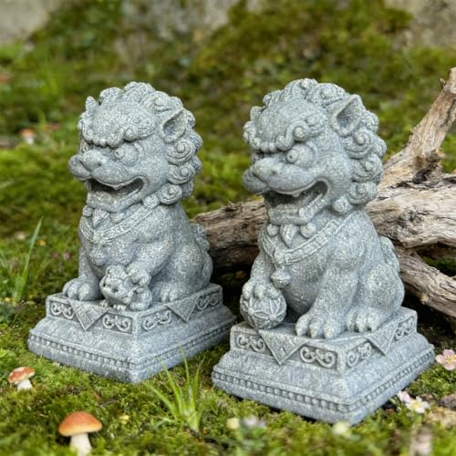 Image of livelyfish Asian Fu Foo Dogs Statues Mini Pair of Two Guardian Lion Sandstone Figurine Pets Fish Tank Aquarium Landscape Ornaments Accessories Feng Shui Decorations (G)