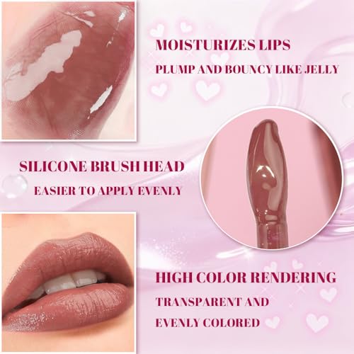Image of WanTuoluo Jelly Lip Gloss, Soft Lip Tint, Instantly creates a Sheer Glass-like Shine, Cool Blue Red Rose Mocha Bean Chocolate Brown Colors, Smoothing, Moisturizing, Plump and Hydrated (B04)
