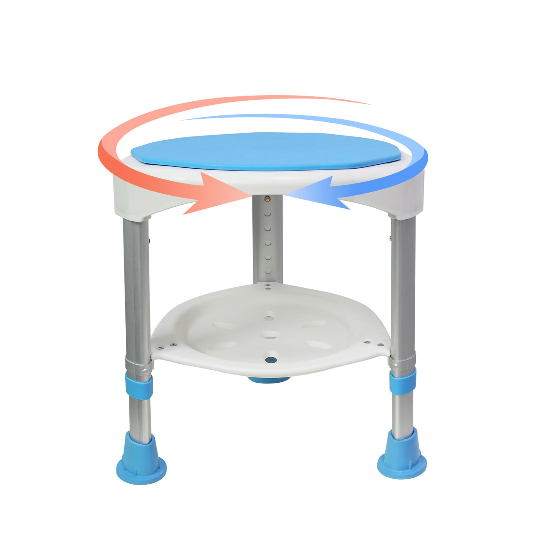 SUBTLETY Taboret prysznicowy obracany o 360°, 45-57 cm, z regulacją wysokości, krzesło prysznicowe z półką, pomoc pod prysznic, antypoślizgowe aluminium siedzisko prysznicowe, siedzisko kąpielowe dla