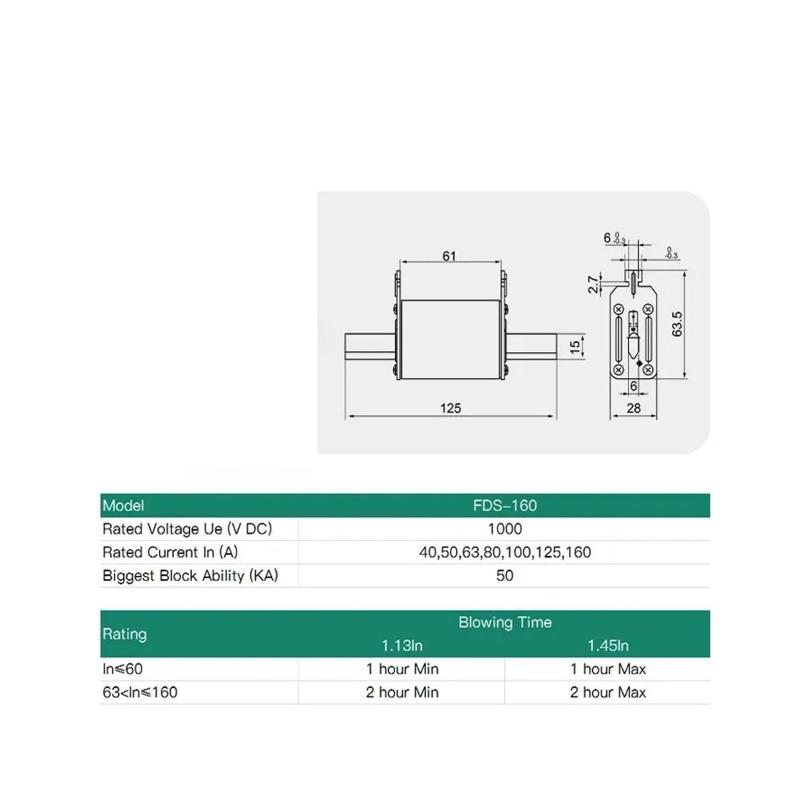 Sicherung 1000 V DC 80 A, 100 A, 125 A, 160 A(125A)