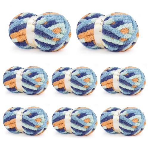 Image of Chunky Yarn for Hand Knitting, Chunky Chenille Blanket Yarn for Crocheting, Bulky Soft Fluffy Chenille for Blanket Project, 8 Pack of 8oz /25yds, Dark Blue + Light Blue