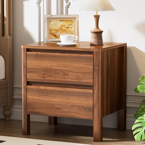 Image of Furniway Mid Century Walnut Nightstand with 2 Drawers, Modern Wooden Bedside Table with Hidden Handles and Solid Wood Legs for Bedroom
