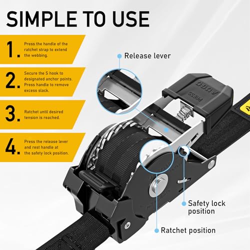 Image of AUGO Self-Locking Retractable Ratchet Straps | 4 Heavy Duty Self-Tensioning Retractable Tie Down Straps with Soft Loops & Storage Bag | for Motorcycle, Truck, Cargo | 1500Lb Break Strength 1 inch x 12'