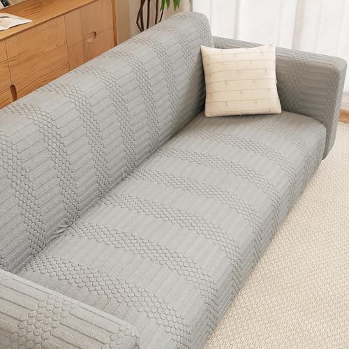 Image of Lukzer 1 Seater Pastel Light Grey Dotted Stripe Pattern Sofa Cover | 240 GSM Universal Stretch Fit Jacquard Fabric Couch Protector | Fully Covered Anti Slip & Washable Sofa Cover (SC-067-01 /90-140cm)