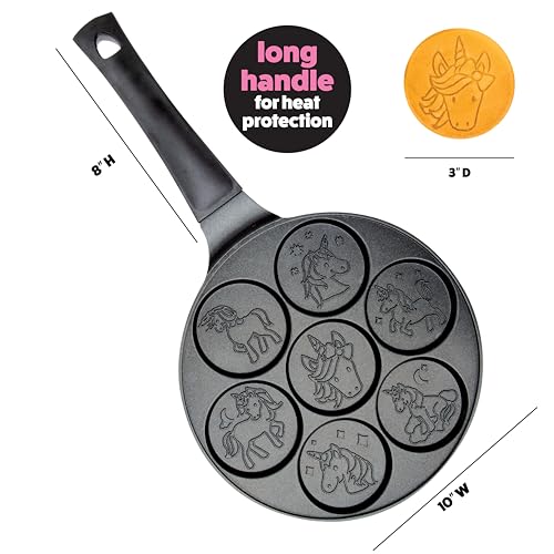 Image of Unicorn Mini Pancake Pan - Make 7 Unique Flapjack Unicorns, Nonstick Pan Cake Maker Griddle for Breakfast Fun & Easy Cleanup | Nonstick Pan Cake Maker Griddle for Breakfast Fun, Easy Cleanup, Long Handle, Girls Magical Dessert Treat, Gift for Kid Party