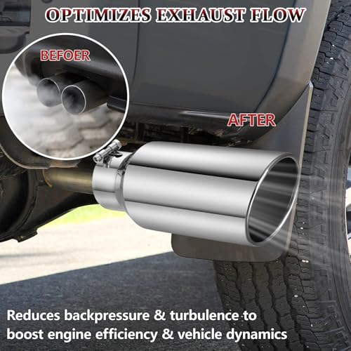 Image of Exhaust Tip 4 inch Inlet 6 inch Outlet 15 inch Long, High Performance Stainless Steel, Rustproof Polished Finish, Rolled Angle Cut, Bolt-On Diesel Tail Pipe, Universal for Car Truck