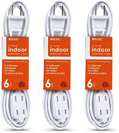 Luxtronic 2-Prong Indoor Extension Cord - Includes 3 Polarized Outlets with Protective Plug Cover - ETL Certified, 16 Gauge, 125 Volts (6 Feet Long, White) - Pack of 3