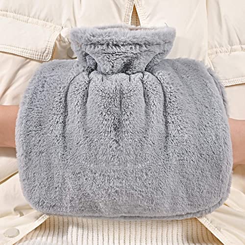 Hot Water Bottle with Cover - Fluffy Hot Water Bottles for Hands,Grey Furry Hot Water Bag with Replacement Stopper,Soft Faux Fur Warm Water Bottle for Women Men Pain Relief