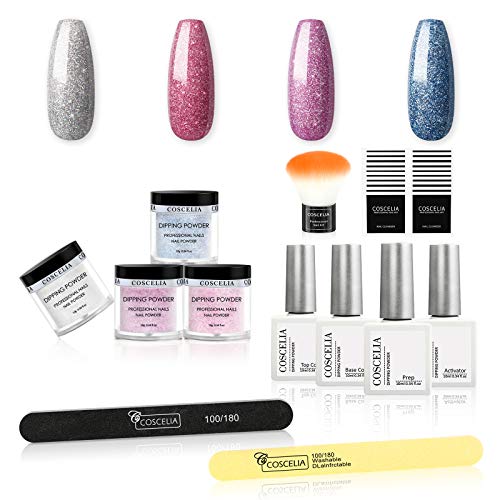Dipping Powder Nail Kit 4 Color Dipping Powder with Dipping Sytem Gel Tools Kit for French Nail Manicure Nail Art Set