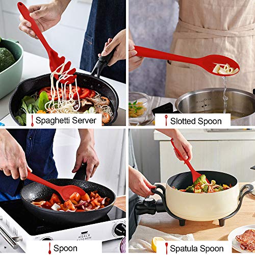 Image of LIANYU 12-Piece Red Silicone Kitchen Cooking Utensils with Holder, Kitchen Tools Set Include Slotted Spatula Spoon Turner Ladle Tong Whisk, Dishwasher Safe