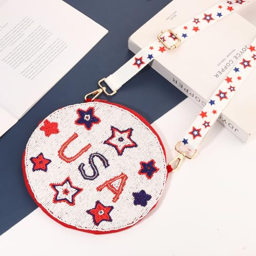 Image of 4th of July Purse for Women Sequin Beaded USA Star Purse American Flag Crossbody Shoulder Bag 4th of July Outfits
