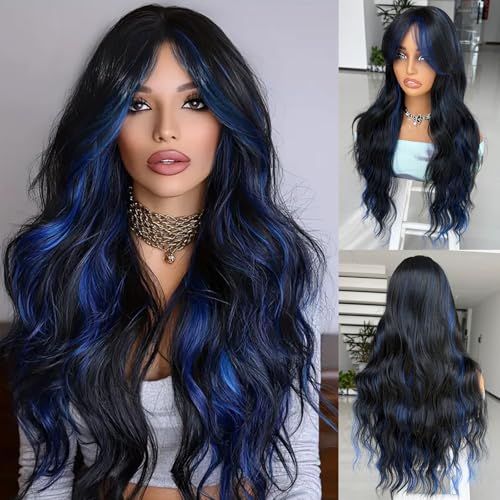 LEOSA Highlights Blue Wig with Curtain Bangs for Women Long Wavy Layered Wigs 26 Inch Natural Looking Heat Resistant Synthetic Wig for Halloween Cosplay Use,Black Mixed Blue with Highlight