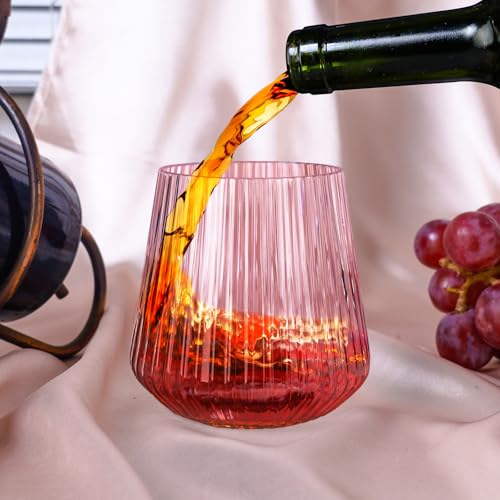 Image of Lueumxc 40 Pack Plastic Ribbed Wine Glasses, 14Oz Origami Disposable Wine Glasses Unbreakable Clear Plastic Cocktail Glasses Recyclable Shatterproof Reusable Wine Cups (14oz-pink-40pack)