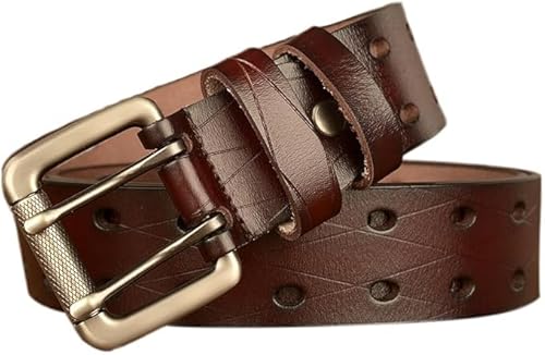 Classic Double-Prong Leather-Belt for Men-Jeans - Retro Steampunk Heavy-Duty Buckle 1-1/2 Inch Wide Double Holes Waist Strap, Double Prong Alloy Buckle+brown Leather, 43"Belt for 32"-37" waist