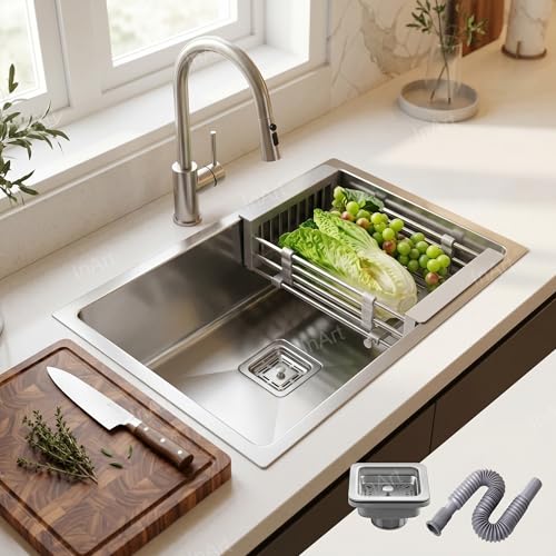 Image of InArt 304 Grade Stainless Steel Single Bowl Handmade Kitchen Sink 2mm Thickness High Grade Stainless Steel with Coupling and Fruit Basket (21 inch X 18 inch X 9 inch Inches)