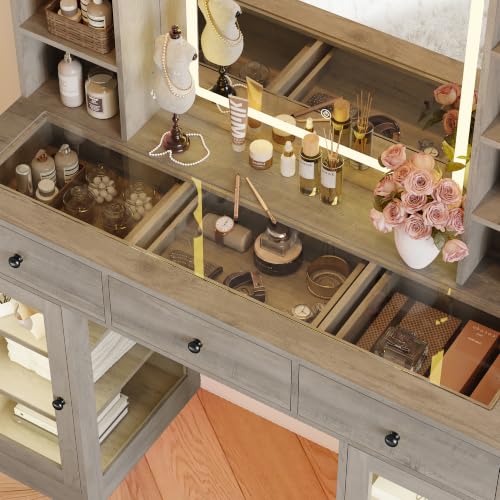 Image of Makeup Vanity Desk with Mirror and Lights, 43 inch Grey Vanity with Glass Top, Jewelry Storage, 3 Drawers & Glass Cabinets, Power Outlet & Adjustable LED Lights, Dressing Table for Women & Girls Bedroom