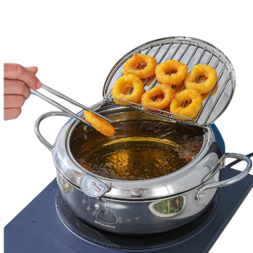 304 Stainless Steel Deep Fryer Pot, Japanese Style Tempura Frying Pot with Lid, Deep Frying Pan with Thermometer and Oil Drip Drainer Rack for Kitchen French Fries Chicken Wings Shrimp (24cm/9.4in)