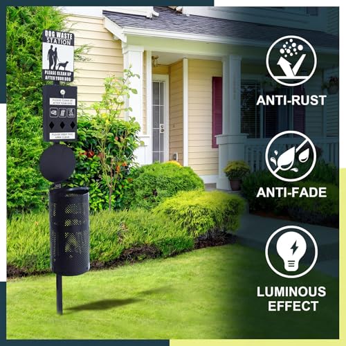 Image of Qinyoung Dog Waste Station Galvanized Steel Outdoor Pet Bin with Poop Bag Dispenser Reflective Sign Rust Proof for Backyard Commercial Park (Black)