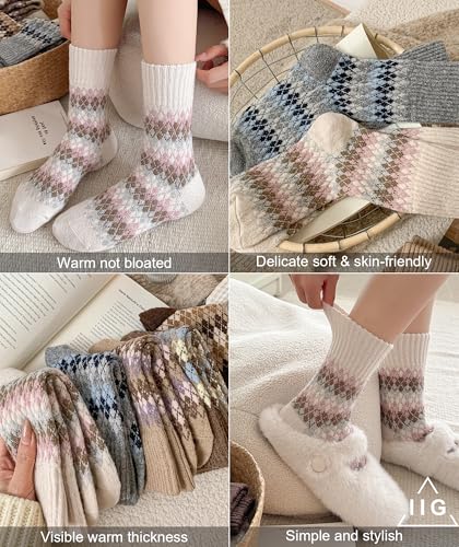Image of IIG 5 Pairs Women's Vintage Style Thick Wool Warm Winter Crew Socks