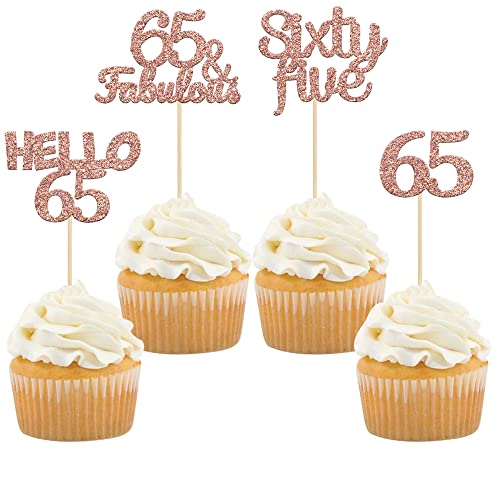 Gyufise 24Pcs Rose Gold Glitter 65th Birthday Cupcake Toppers Hello 65 Sixty Five Cake Toppers 65 & Fabulous Cupcake Picks for 65th Birthday Cake Decorations Supplies