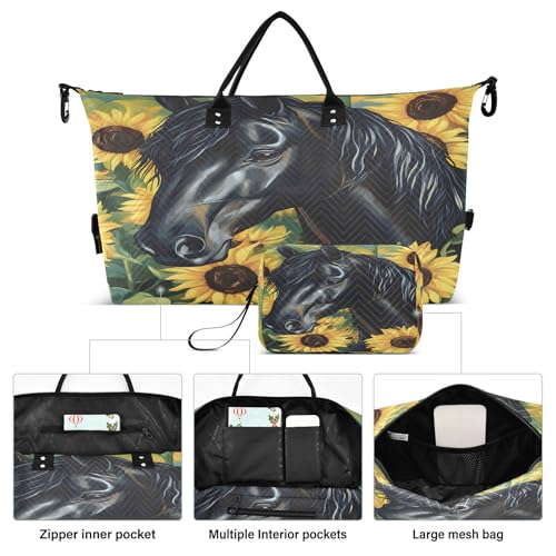 Horse Travel Gym Bag, Black Horse Sunflower Weekender Overnight Duffle for Women with Toiletry Bag Travel Swim2