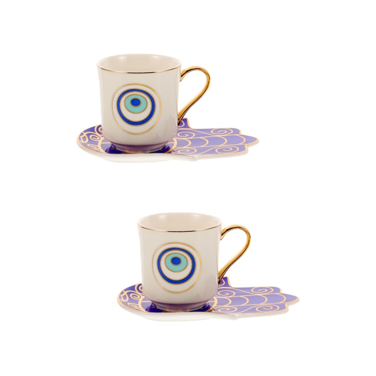 Veemoon 2 Sätze Türkische Espressotasse Set mit Blauem Auge Keramische Kaffeetassen und Untertassen Vintage Design Spülmaschinenfest für Kaffee Tee Milch und Wasser Stilvoll und Griffig