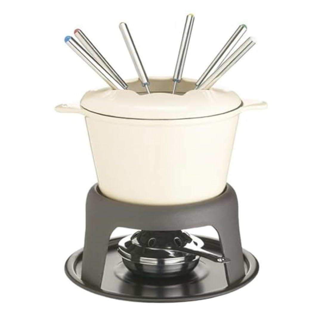 MasterClass Fondue-Set aus Gusseisen, Fondue-Topf mit 6 Gabeln und emaillierter Schüssel aus Gusseisen, hervorragende Wärmespeicherung und einstellbarer Brenner, Geschenkpackung, cremefarben, 21x18cm