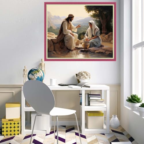 Image of Disnesart Cross Stitch Stamped Full Embroidery Kits DIY 11CT Cotton Thread Printed DIY Needlepoint Kits Craft Needlework Set Cross-Stitch Stamped Sets- Jesus and Women 16x20 inch
