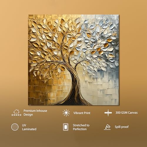 Image of PAINTINGMANTRA Abstract Tree Canvas Stretched Canvas Painting for Living Room | Modern Nature Artwork Wall Decor Art For Livingroom, Bedroom, Office, Hallways - 16x16 Inch
