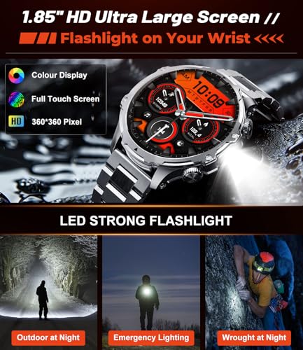 Militrary Smart Watch for Men,1.85" HD/800mAh Battery Smart Watches for Android/iOS (Bluetooth Call Answer/Calls)Fitness Tracker,Flashlight/IP68 Waterproof/100+ Sports/Sleep Tracker Smartwatch Large - Image 7